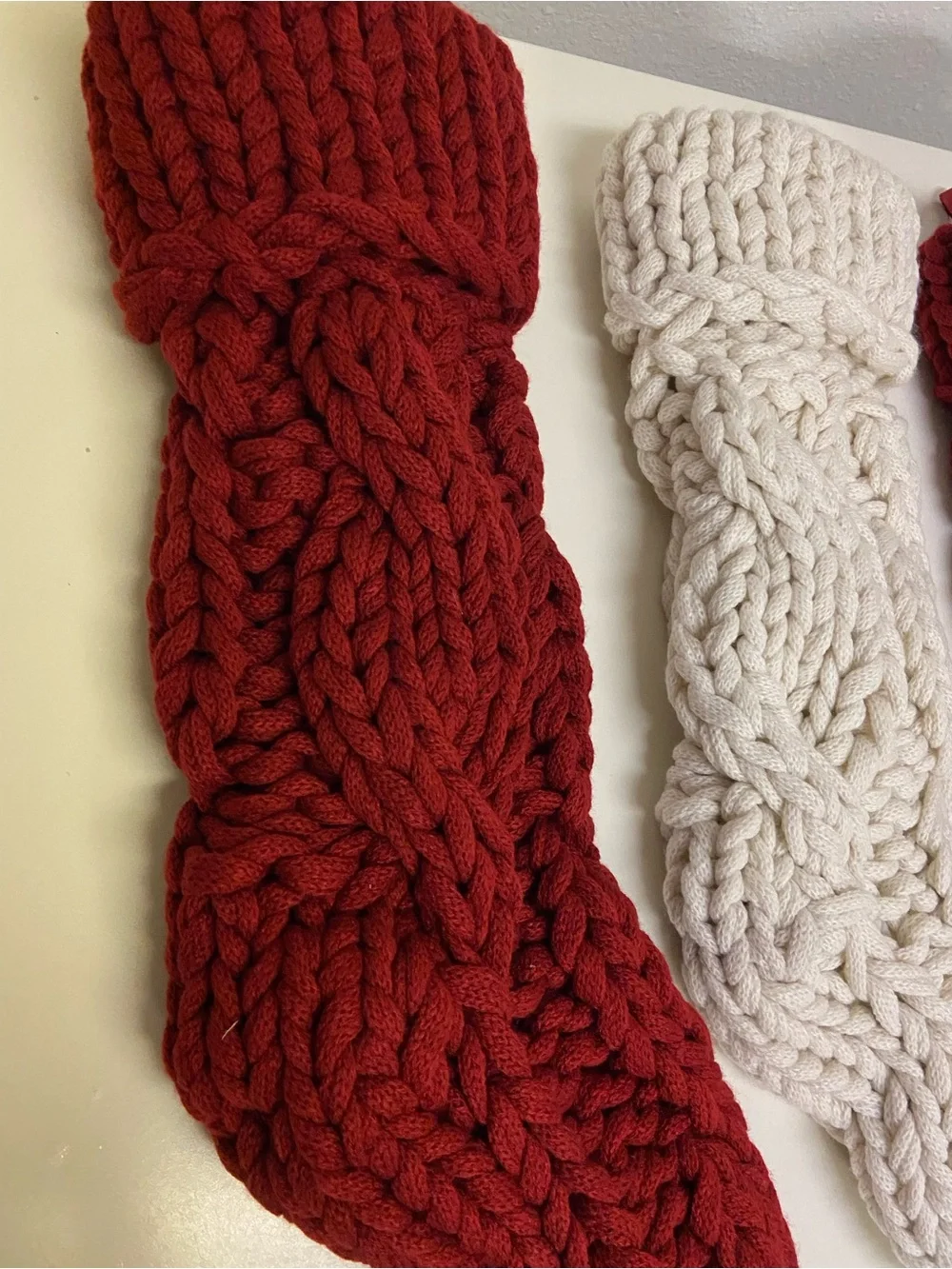 Pottery Barn COLOSSAL KNIT STOCKING chunky hand-knit Lot 3 Red & Ivory Holiday